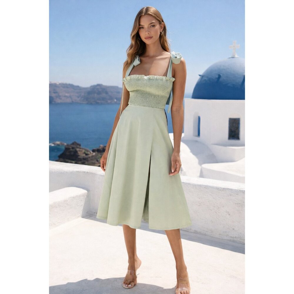 NWT House Of CB Carmella Midi in Sage Green Smocked Tie Strap Tank Dress XS